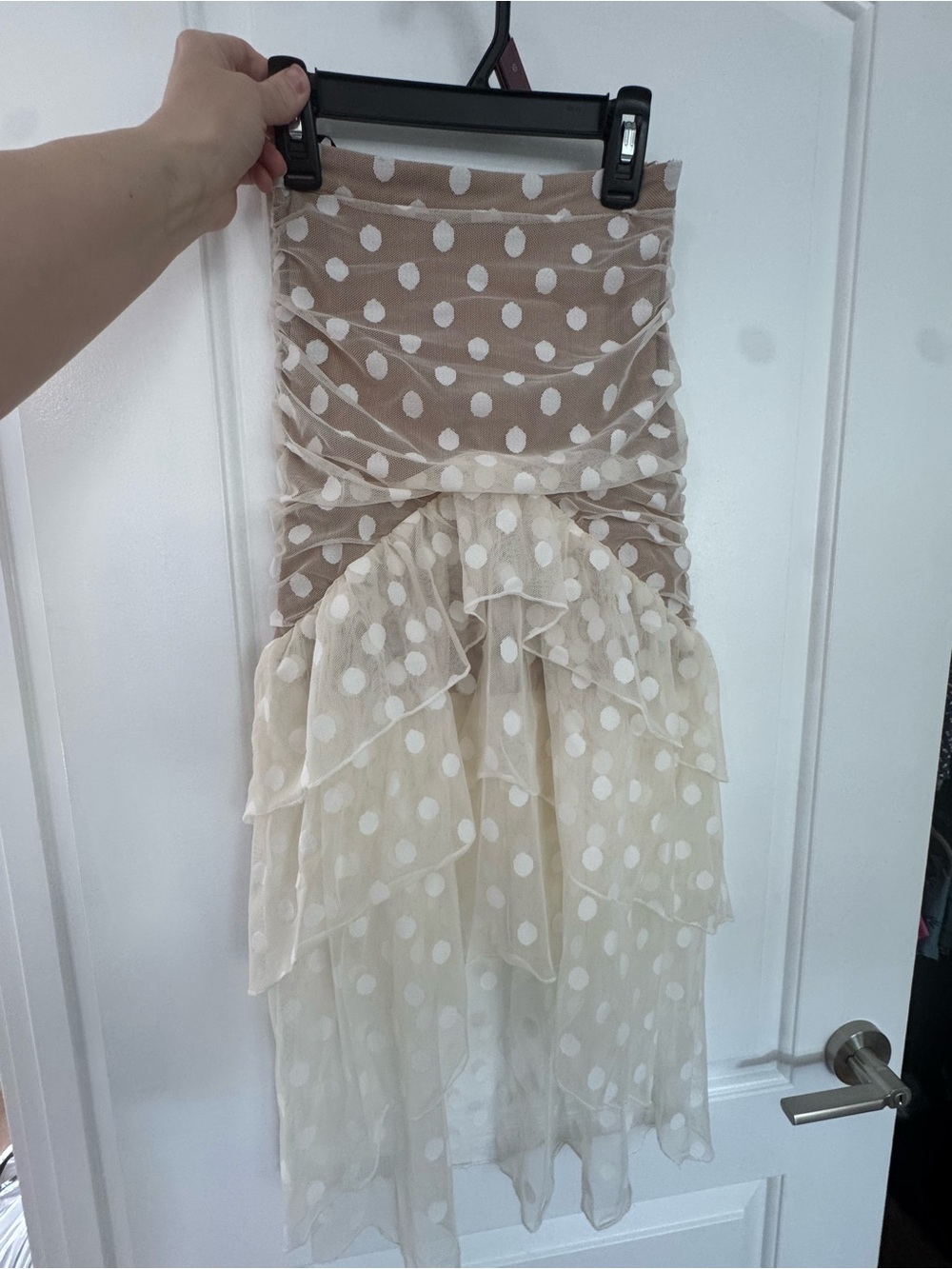 MAJORELLE Polka Dot Tiered Mesh Skirt — Beige and White